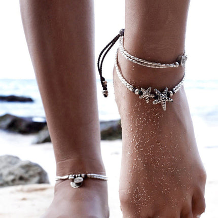 Shimmering Silver Starfish Multilayer Anklet Beach Beauty for Women Metal Thread Knot Summer Ocean Jewelry