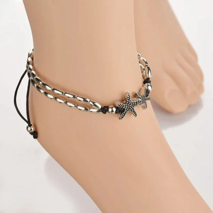 Shimmering Silver Starfish Multilayer Anklet Beach Beauty for Women Metal Thread Knot Summer Ocean Jewelry