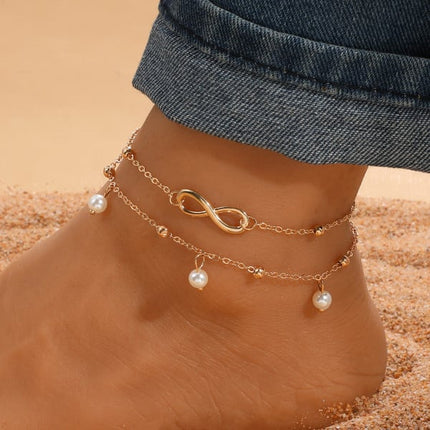 Infinite Design Pearl Decorated Multi Layered Women Anklets Summer Fashion Crystal Rhinestone Decorated Girls Jewelry Boho Style Multi Occasion Party Anklets