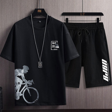 Round Neck Elastic Bottom Summer Wear Round Neck High Quality 2Pcs Matching Set For Men - Black