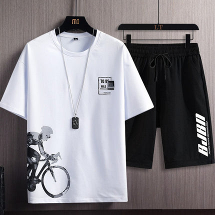 Round Neck Elastic Bottom Summer Wear Round Neck High Quality 2Pcs Matching Set For Men - Black &amp; White