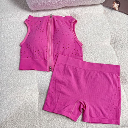 Rose Hollow Two Piece Zipper Closure Sleeveless Sports Set for Women Perfect for Yoga Exercise Running and Gym Workouts