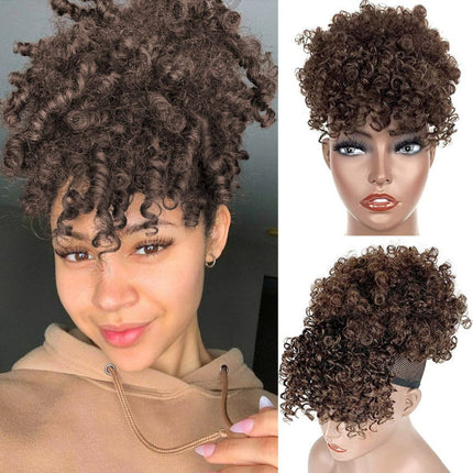 Short Kinky Afro High Puff Curly Hair Bun Bangs Drawstring Girls Bun - 8 Inch - Brown Black