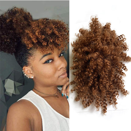 Short Kinky Afro High Puff Curly Hair Bun Bangs Drawstring Girls Bun - 8 Inch - Dark Brown