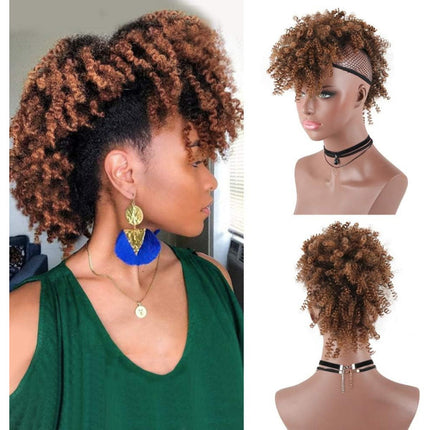 Short Kinky Afro High Puff Curly Hair Bun Bangs Drawstring Girls Bun - 8 Inch - Dark Brown