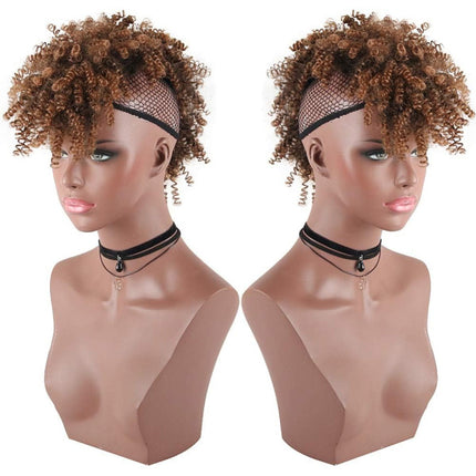 Short Kinky Afro High Puff Curly Hair Bun Bangs Drawstring Girls Bun - 8 Inch - Dark Brown