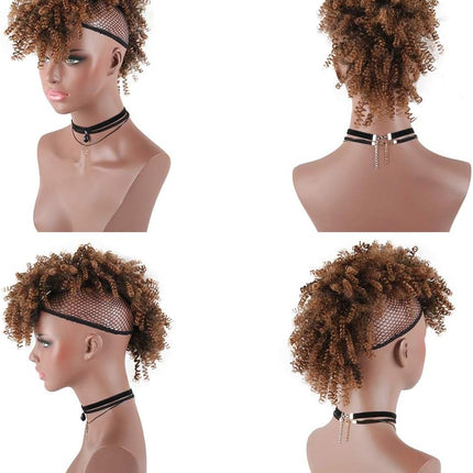 Short Kinky Afro High Puff Curly Hair Bun Bangs Drawstring Girls Bun - 8 Inch - Dark Brown