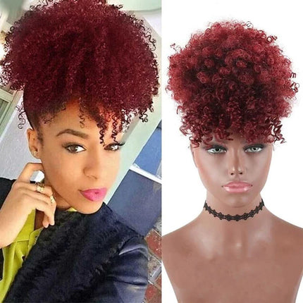 Short Kinky Afro High Puff Curly Hair Bun Bangs Drawstring Girls Bun - 8 Inch - Wine Red