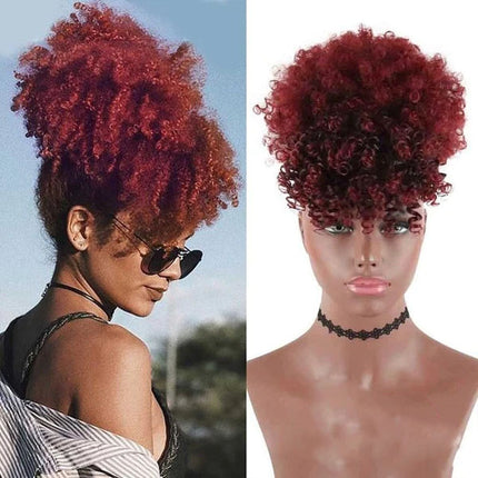 Short Kinky Afro High Puff Curly Hair Bun Bangs Drawstring Girls Bun - 8 Inch - Wine Red