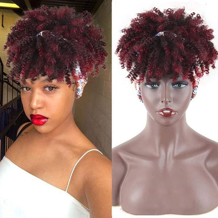 Short Kinky Afro High Puff Curly Hair Bun Bangs Drawstring Girls Bun - 8 Inch - Wine Red