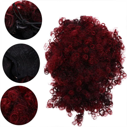 Short Kinky Afro High Puff Curly Hair Bun Bangs Drawstring Girls Bun - 8 Inch - Wine Red