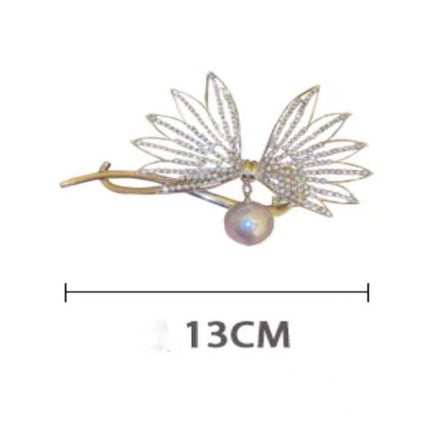 Ancient Style Floral Pearl Tassel Twisted Bow Lilly Shaped Fancy Hair Clips - White Gold