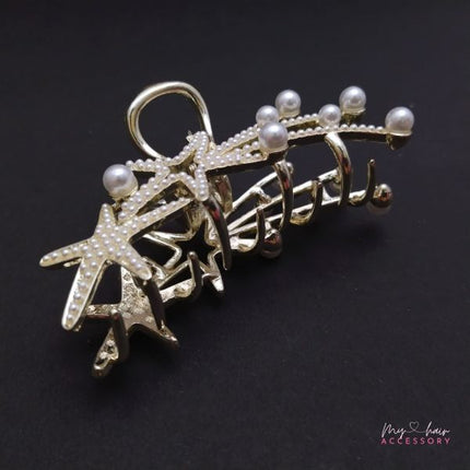 Pearl Decorative Star Design Hook Closure Women Fashion Hair Grooming Clips - Golden