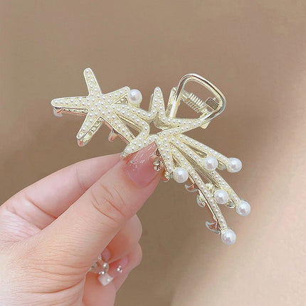 Pearl Decorative Star Design Hook Closure Women Fashion Hair Grooming Clips - Golden