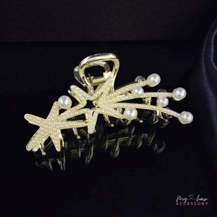 Pearl Decorative Star Design Hook Closure Women Fashion Hair Grooming Clips - Golden