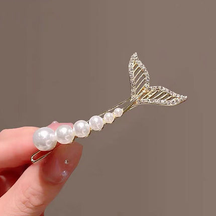 Fish Tail Pearl Decorative Mermaid Style Hair Pin Clips - Golden White