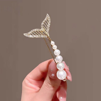 Fish Tail Pearl Decorative Mermaid Style Hair Pin Clips - Golden White