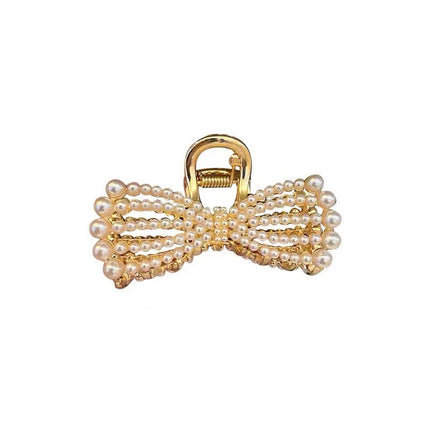 Pearl Decorative Bow Shaped Catcher Bun Styling Women Fashion Hair Catcher Clip - Golden