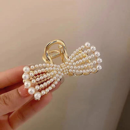 Pearl Decorative Bow Shaped Catcher Bun Styling Women Fashion Hair Catcher Clip - Golden