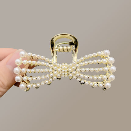 Pearl Decorative Bow Shaped Catcher Bun Styling Women Fashion Hair Catcher Clip - Golden