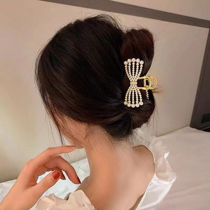 Pearl Decorative Bow Shaped Catcher Bun Styling Women Fashion Hair Catcher Clip - Golden