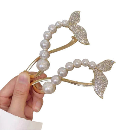 Mermaid Fish Tail Stylish Pearl Decorative Bun Fashion Wear Hook Closure Clip - Golden White