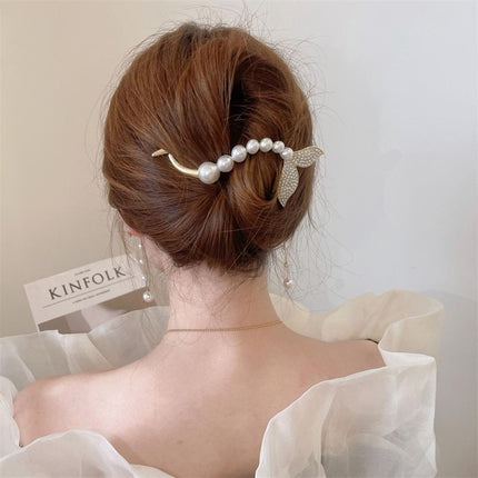 Mermaid Fish Tail Stylish Pearl Decorative Bun Fashion Wear Hook Closure Clip - Golden White