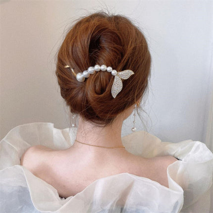 Mermaid Fish Tail Stylish Pearl Decorative Bun Fashion Wear Hook Closure Clip - Golden White