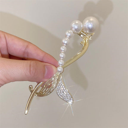 Mermaid Fish Tail Stylish Pearl Decorative Bun Fashion Wear Hook Closure Clip - Golden White