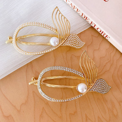 Fish Tail Hollow Crystal Decorative Women Hair Bun Styling Hooked Clips - Silver