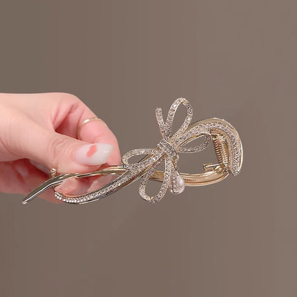 Bow Stylish Gold Plated Women Fashionable Hair Bow Catcher Hook Clips - Golden