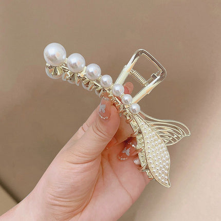 Pearl Decorative Fish Tail Hair Styling Catcher Clip- Golden Silver