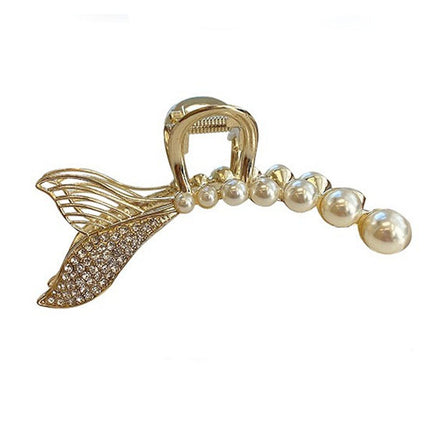 Pearl Decorative Fish Tail Hair Styling Catcher Clip- Golden Silver