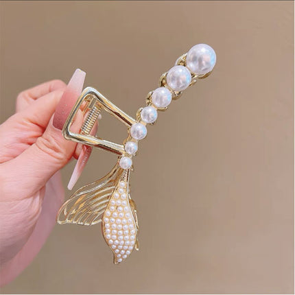 Pearl Decorative Fish Tail Hair Styling Catcher Clip- Golden Silver