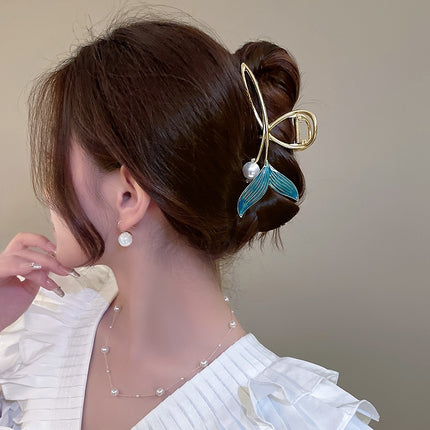 Mermaid Style Exquisite Blue Pearl Decorative Bun Hair Catcher Clips - Golden Blue