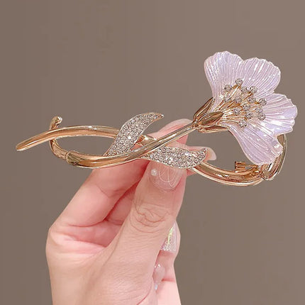 Floral Carved Cute Stylish Decorated Women Hair Grooming Fashionable Bun Hooked Clips - Golden Pink