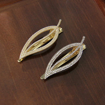 Hollow Leaf Rhinestone Decorative Side Clip Women Fancy Hair Clips - Golden