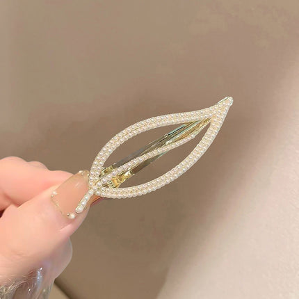 Hollow Leaf Rhinestone Decorative Side Clip Women Fancy Hair Clips - Golden