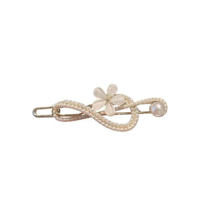 Floral Pearl Patched Glass Note Buckle Stylish Side Hair Grooming Clip - Golden