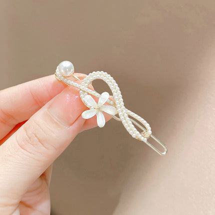 Floral Pearl Patched Glass Note Buckle Stylish Side Hair Grooming Clip - Golden