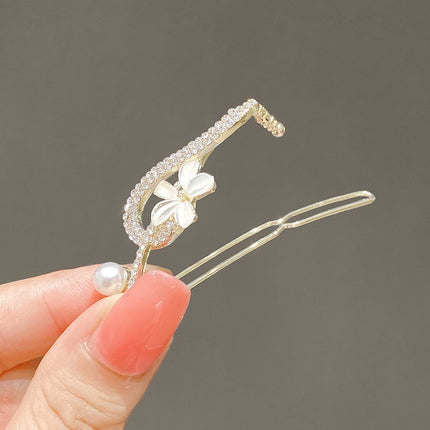 Floral Pearl Patched Glass Note Buckle Stylish Side Hair Grooming Clip - Golden