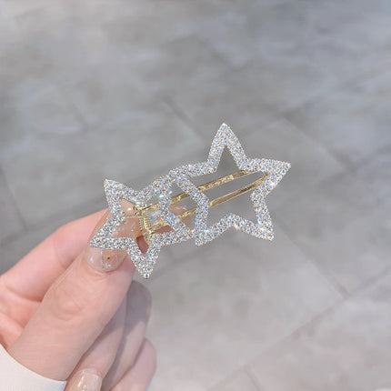 Double Star Hollow Crystal Decorative Women Fashion Hair Clips - Golden