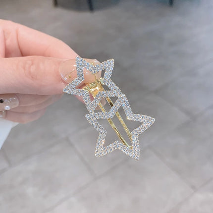 Double Star Hollow Crystal Decorative Women Fashion Hair Clips - Golden