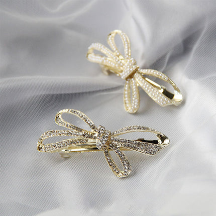 Bow Patched Crystal Decorated Party Wear Women Fashion Hair Bow Clips - Golden