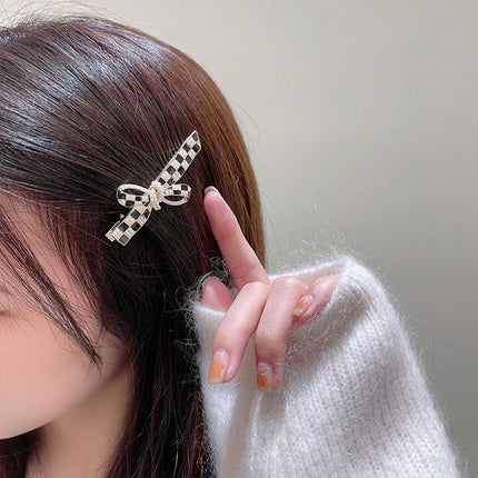 Checkered Print Bow Style Crystal Patched Women Fashion Hair Clips - Black Silver