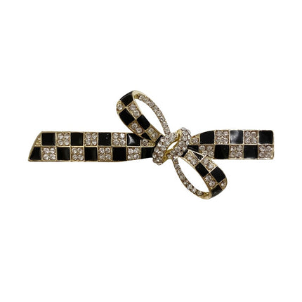 Checkered Print Bow Style Crystal Patched Women Fashion Hair Clips - Black Silver