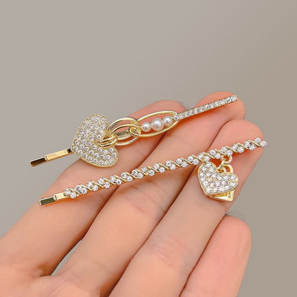 Heart Pendant Crystal Patched Party Wear Women Fashion Fancy Hair  Pins - Golden