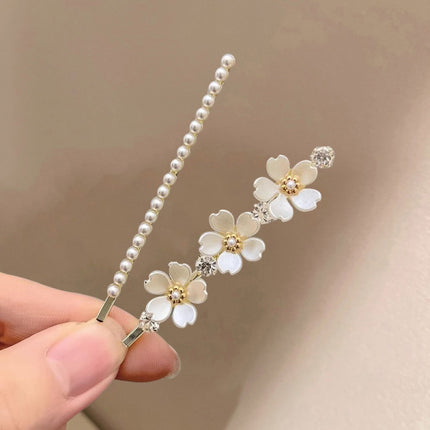 Pearl Decorated Carved Floral Patch Women Headwear Hair Grooming Party Wear Hair Clips - White