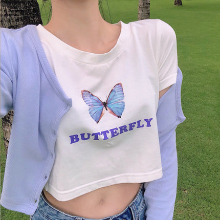 Stylish Butterfly Print Round Neck Crop Top Perfect for Teenage Girls' Summer Fashion - White