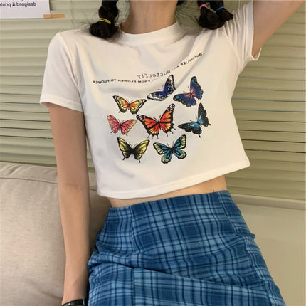 Stylish Multicolor Butterfly Round Neck Crop Top Perfect Summer Wear for Teenage